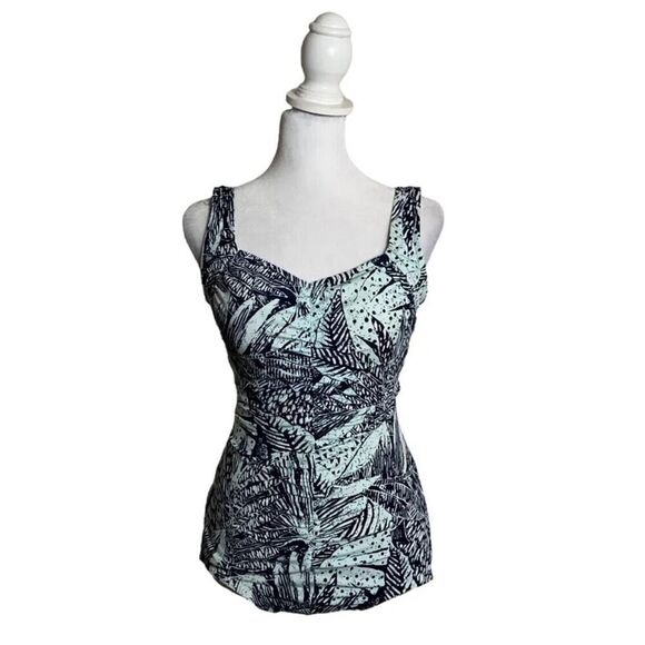 Vintage Rose Marie Reid One Piece Ruched Style Blue Tropical Foliage Swim Suit 8 - Picture 1 of 7